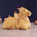 Pure Brass Nandi Statue with White and Yellow Sand Finish - Intricately Carved